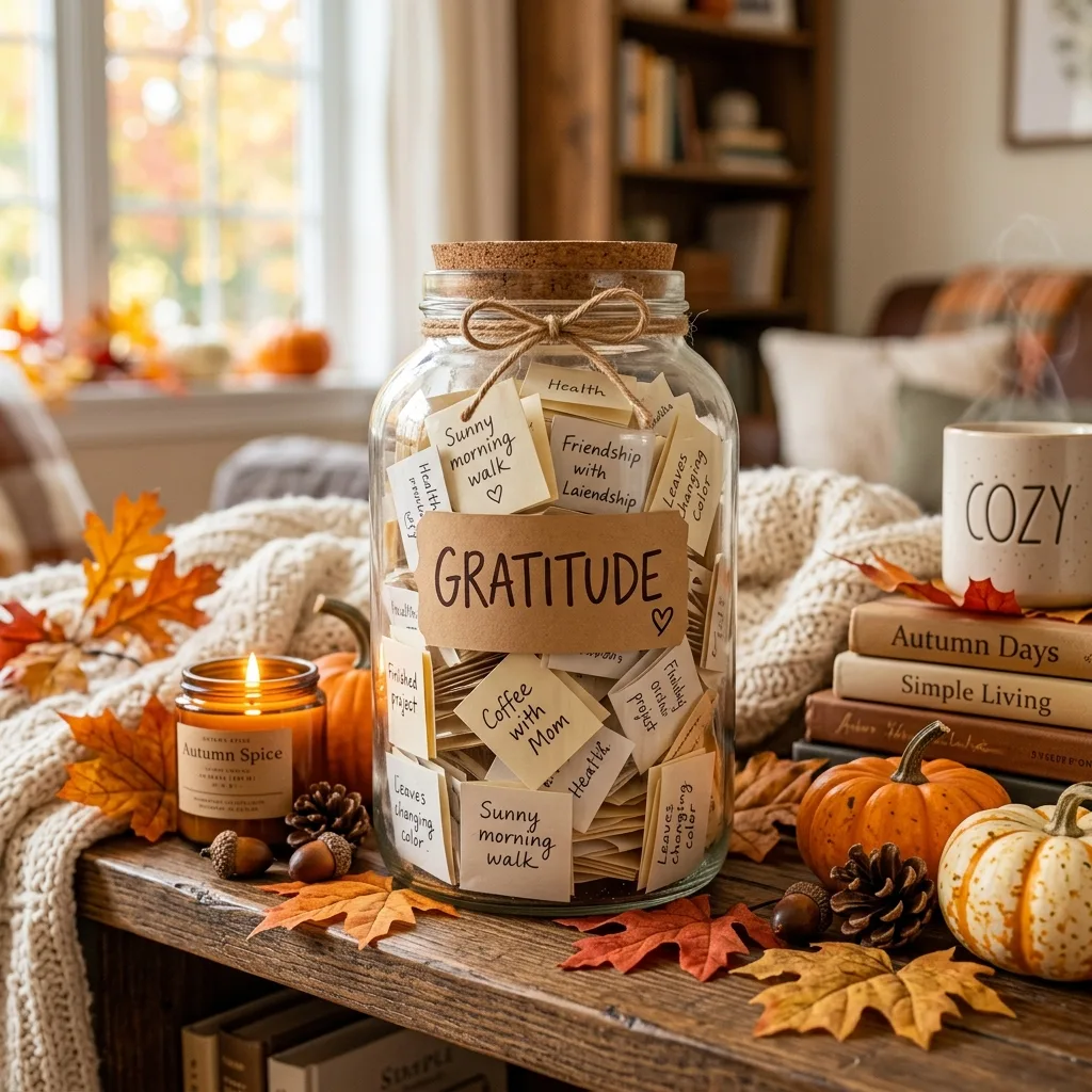 Gratitude jar craft with handwritten notes and autumn decor